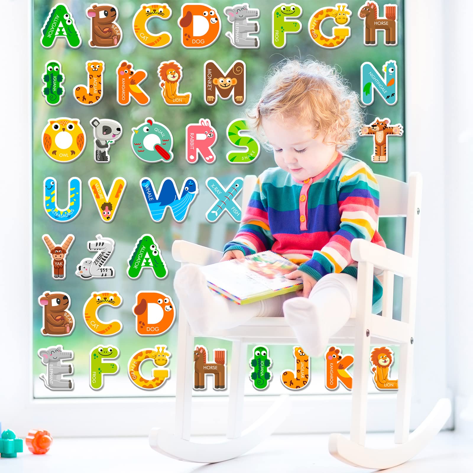 Whaline 52Pcs Alphabet Letters Thick Gel Clings Cute Animals