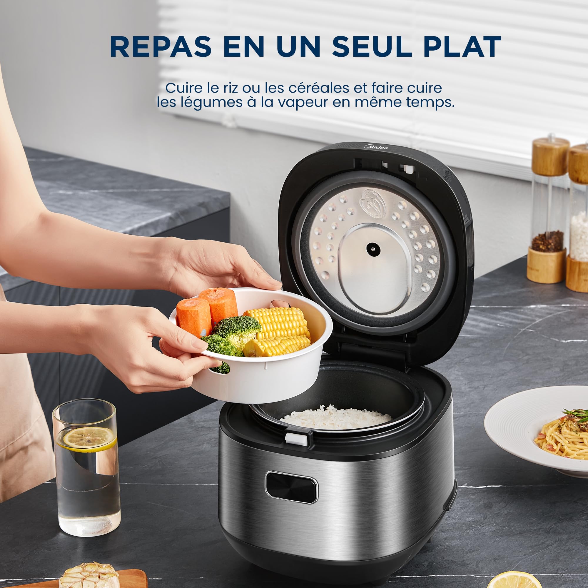 Midea Cuiseur de Riz Multifonction 2L, 9 Programmes, 4 Tasses pour 1-3 Personnes, Chauffage Avancé, Riz Prêt en 30 Min, Antiadhésif, Maintien au Chaud 24h et Minuteur, Panier Vapeur Inclus