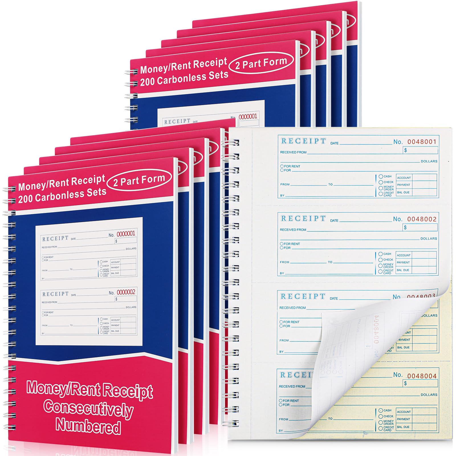 Crtiin 10 Bücher Geld- und Mietquittungsbuch, 2-teiliges selbstdurchschreibendes Quittungsbuch mit selbstdurchschreibenden Kopien, Spiralbindung, 200 Sets pro Buch, 4 Quittungen pro Seite (19 x 27 cm)