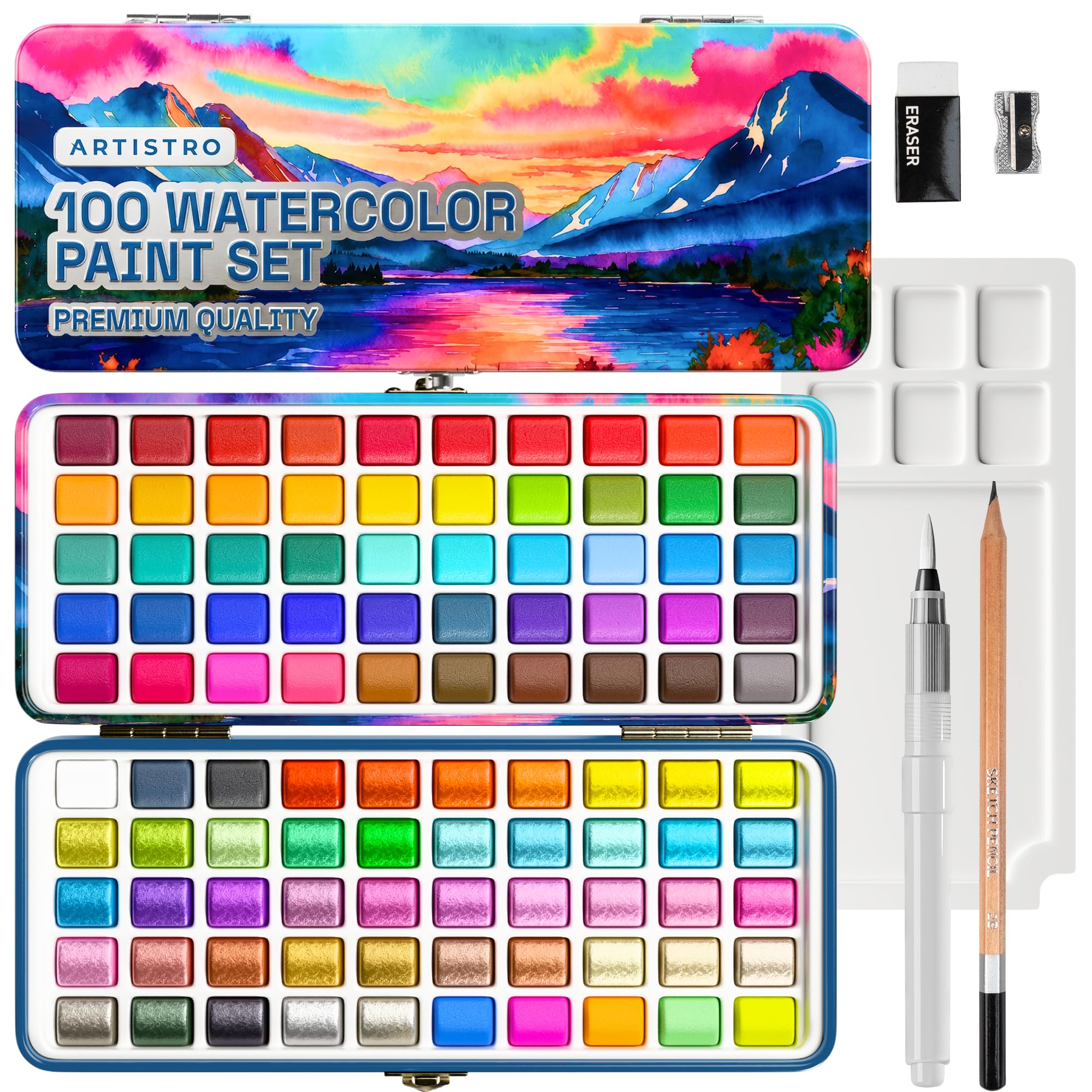 ARTISTRO 100 Watercolor Paint Set with Palette &amp; Brushes for Adults &amp; Kids