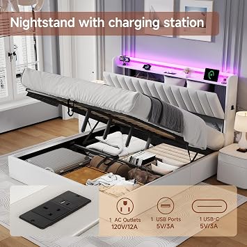 Double Bed Frame with Storage, 4ft6 Ottoman Bed Frame with Headboard & Hydraulic, Upholstered Bed with LED-Lighting & Charging-Station, PU, 135x190cm, White, No Mattress (White, 135 x 190 cm)