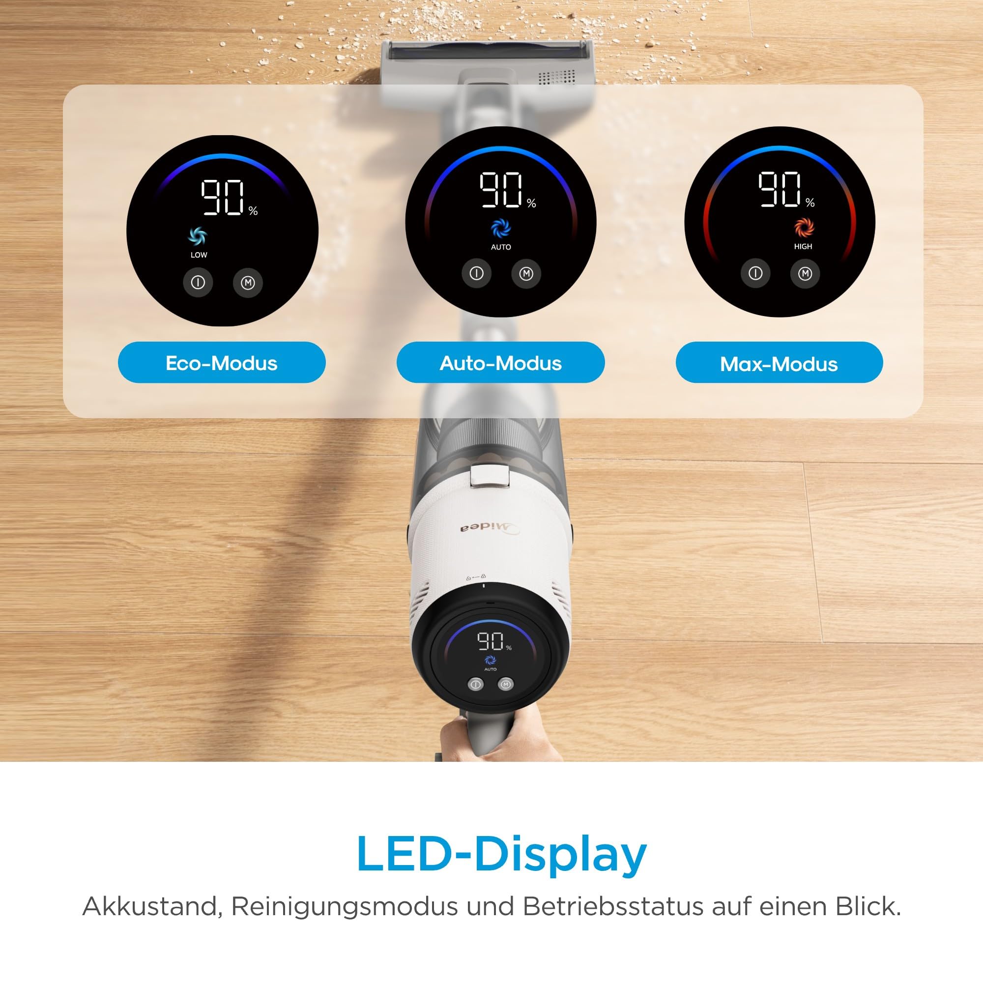 Midea P9 Akku Staubsauger, kabelloser Stielstaubsauger 550 W, bis zu 37 kPa, bis zu 60 Min. Laufzeit, Sense+React, HEPA-Filter, LED-Display, Flexibles Saugrohr, Handstaubsauger, Tierhaare
