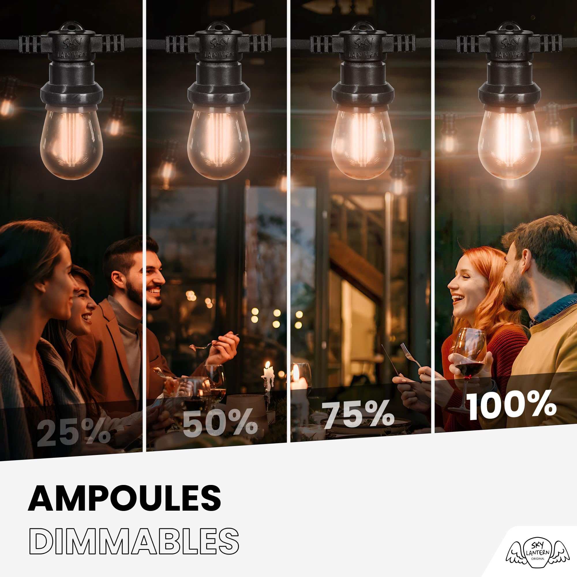 SKYLANTERN LED Lichterkette Außen Strom 20M IP65 Wasserdicht E27 Bernstein Filament 60 Glühbirnen 2700K Warmweiß Bruchsicher Erweiterbar für Garten Terrasse Balkon Hochzeiten Partys Restaurants