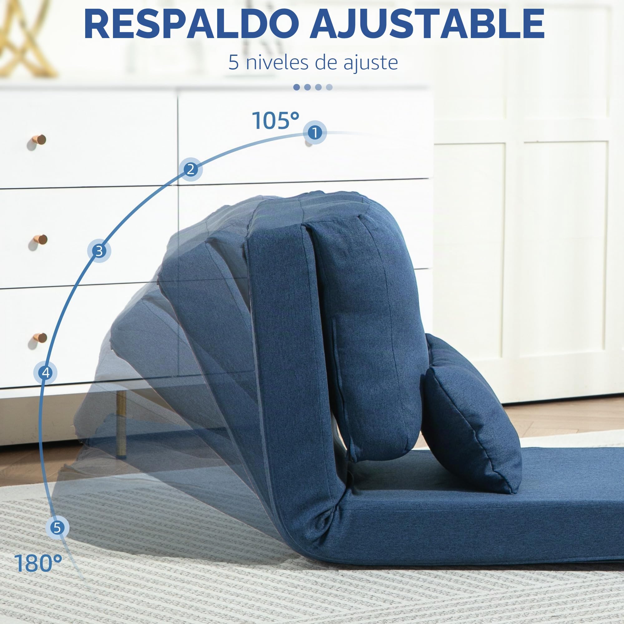 HOMCOM Sillón Convertible 1 Plaza Sillón Perezoso Cama Calentador 1 Plaza - Cojín Incluido, Respaldo Ajustable - Salón, Carga 120 kg, Tejido Lino Azul Oscuro
