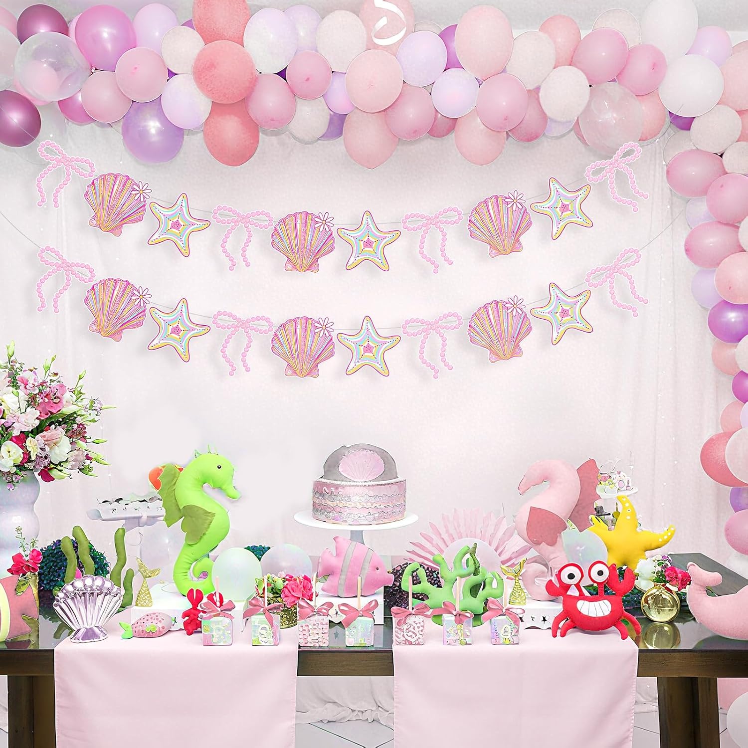 Oudain 2 Pack Pink Bow Seashell Garland for Girl 6.56 ft Pink Mermaid Seashell Party Coquette Ocean Coastal Beach Under The Sea Paper Bow Hanging Banner for Baby Shower Wedding Summer Birthday