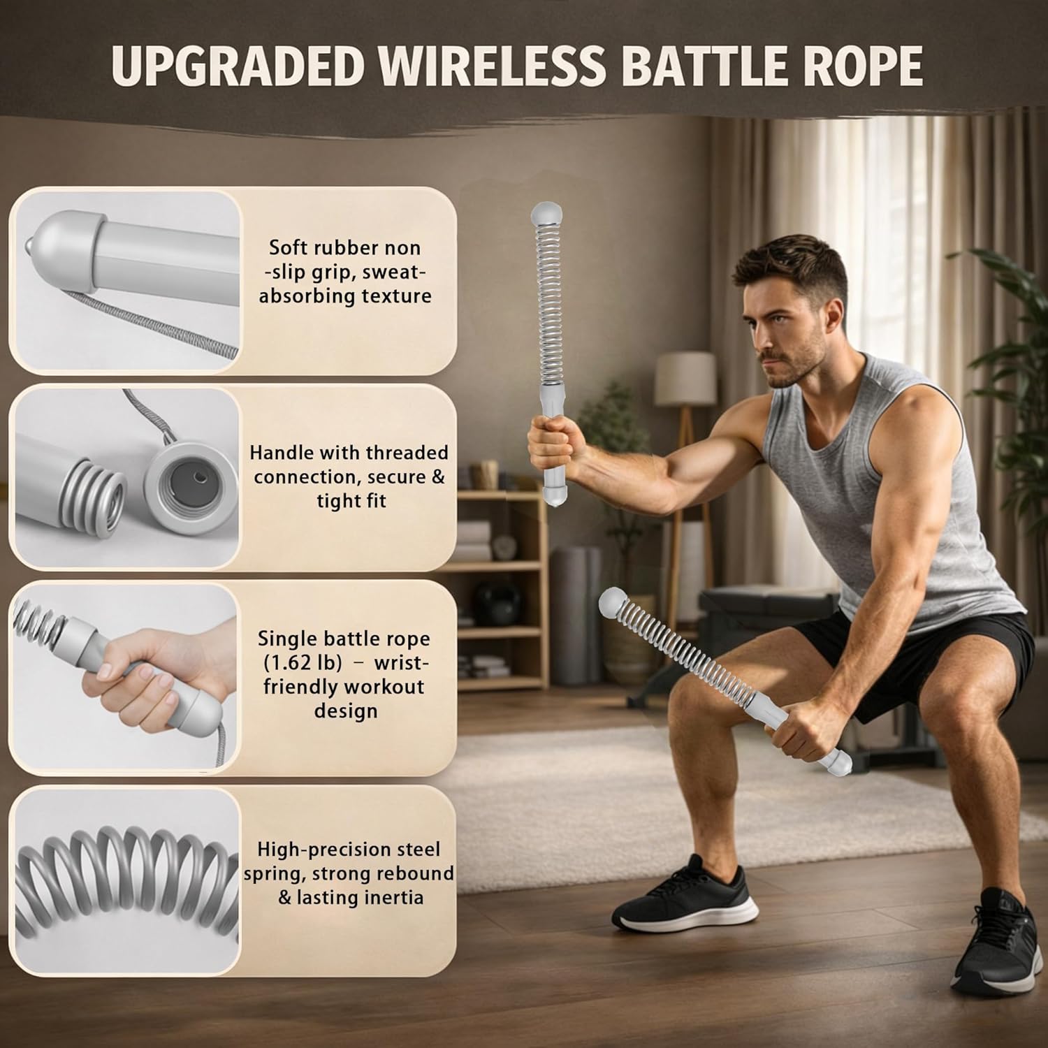 Cordless Ropeless Weighted Battle Rope Sticks, Portable Home Gym Workout Exercise for Full-Body Strength Training, Durable Fitness Accessories with Smooth Flow Design, Ideal for Indoor Cardio (Gray)