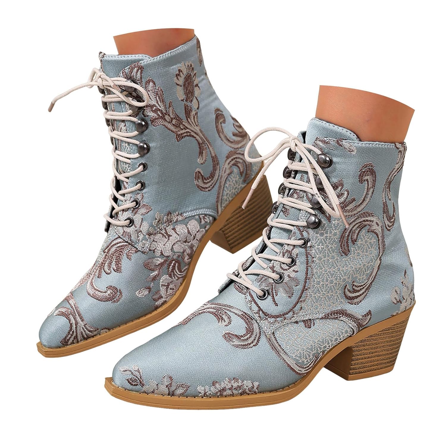 Womens Vintage Floral Embroidered Block Heel Cowboy Boots Ankle Booties for Women Chunky Stacked Heels Lace Up Ethnic