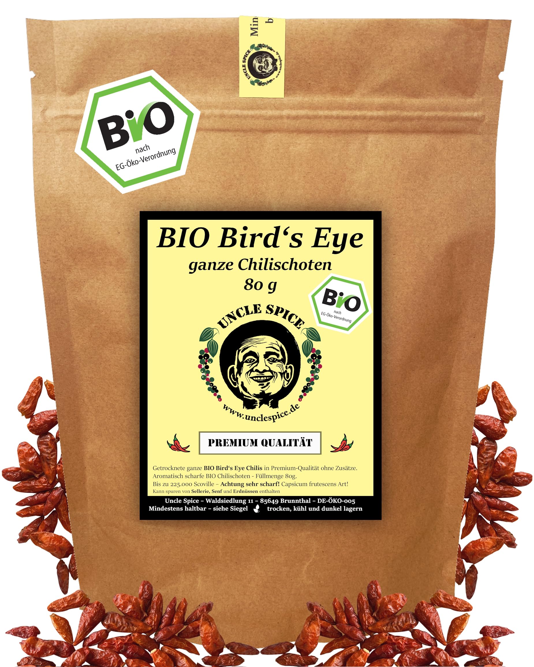 UNCLE SPICE® BIO Birds Eye Chili ganz - 80g ganze BIO Vogelaugenchilis - PIRI PIRI in Premiumqualität, bis zu 200k SHU, scharfe getrocknete Chilischoten, DE-ÖKO-005