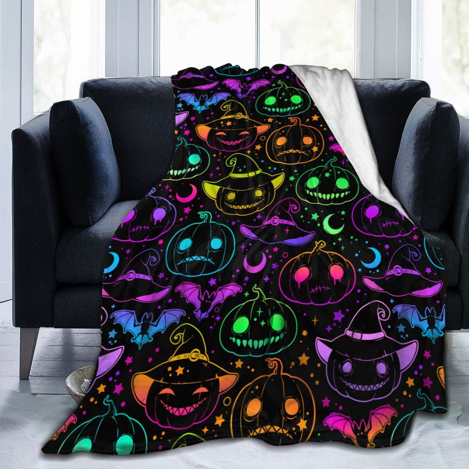 Lsjuee Bright Halloween Pumpkins and Flying Bats Throw Blanket Warm Cozy Blankets Lightweight Soft Cozy Flannel Funny Halloween Blanket for Sofa Couch Bed Home Decoration 80"X60"