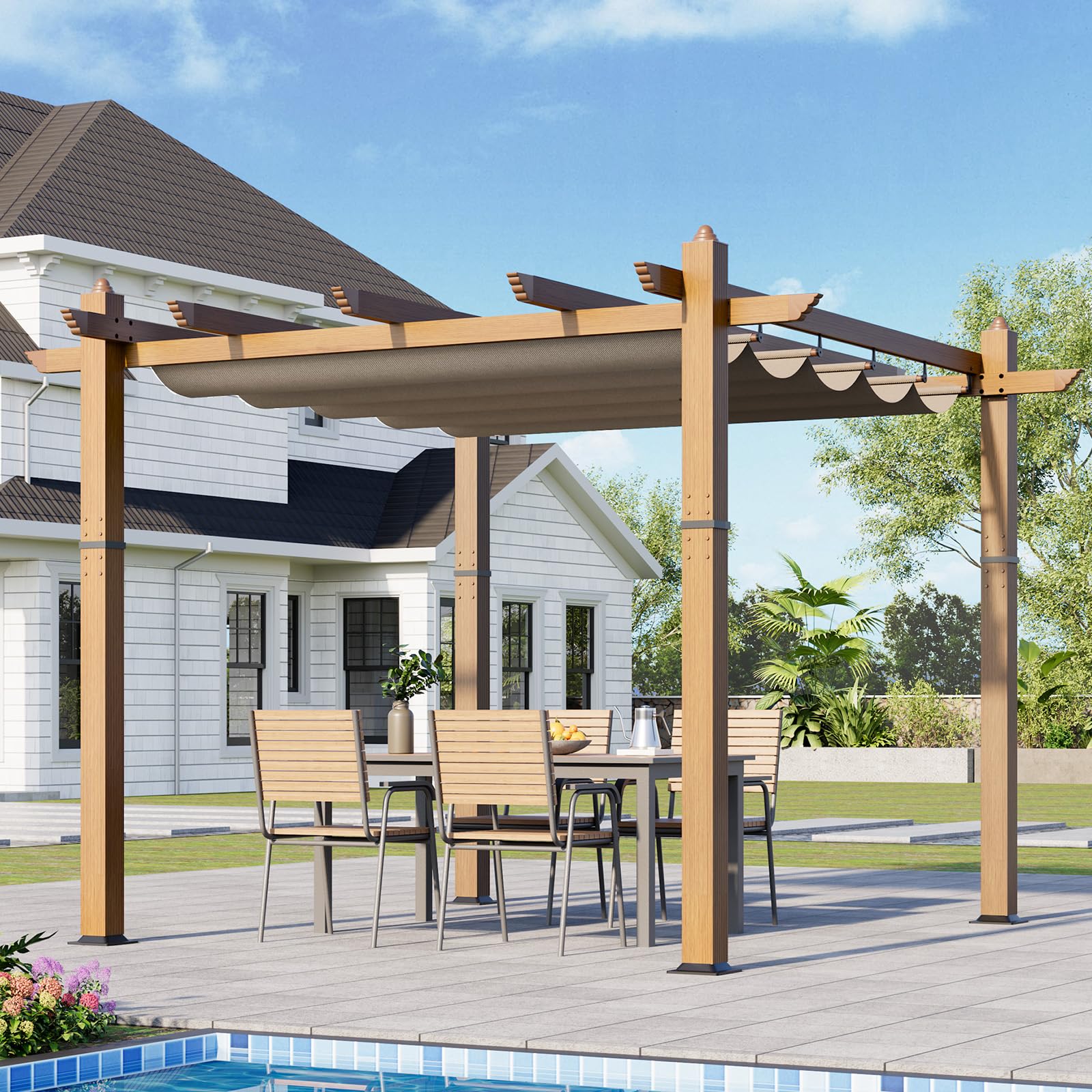 Photo 1 of ***Leg is bent***10x10 Ft Outdoor Retractable Pergola with Adjustable Roof Modern Metal Patio Gazebo, Upgraded Faux Wood Grain Aluminum Pergola for Deck, Backyard Gardens, Porches, Grapevines, Khaki***Leg is bent***