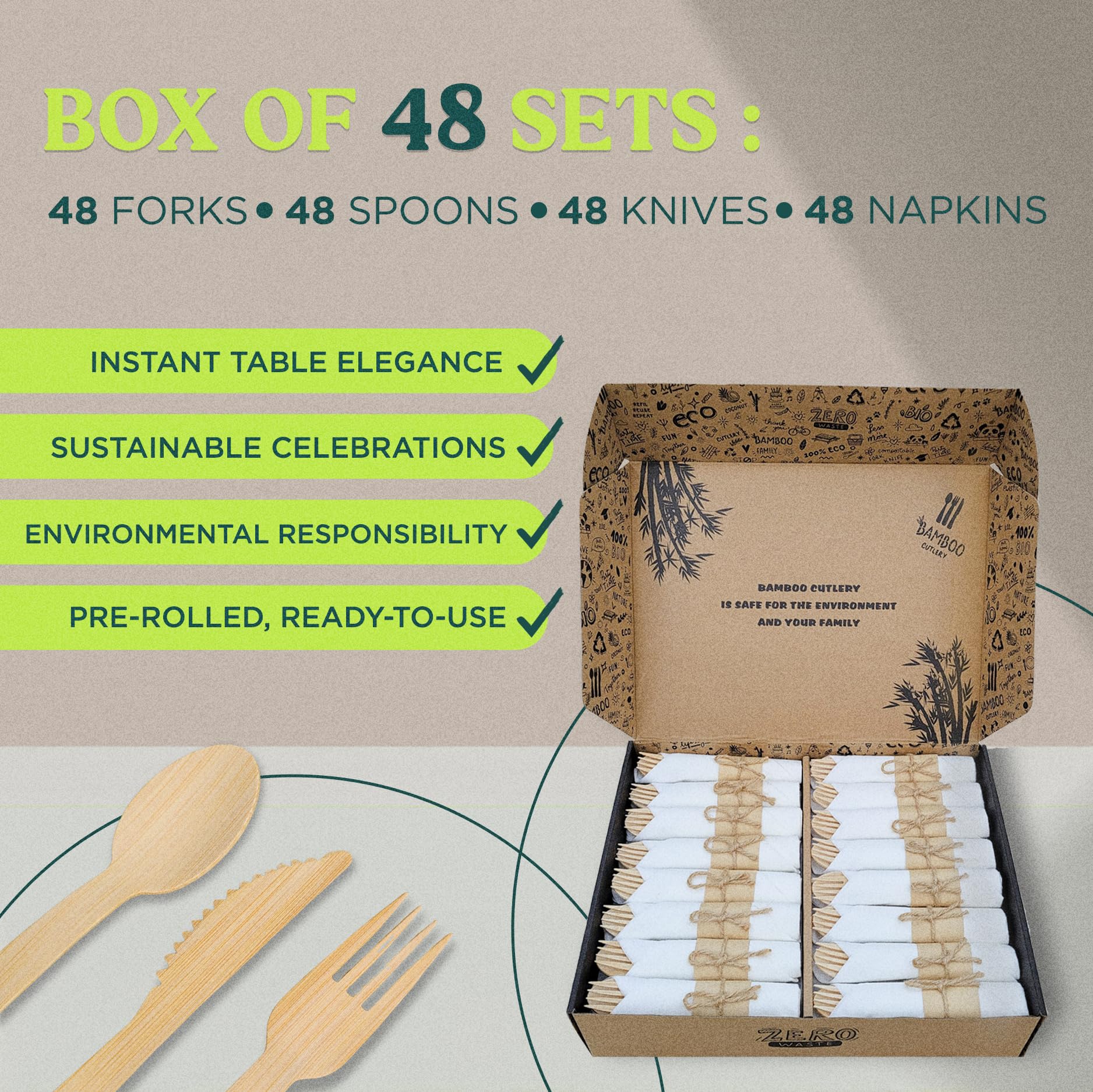 KOELHO'S Juego de cubiertos de bambú 100 % natural, 24 cuchillos, 24 tenedores y 24 cucharas, juego de utensilios de bambú reutilizables para fiestas, bodas, pícnics (paquete de 48)