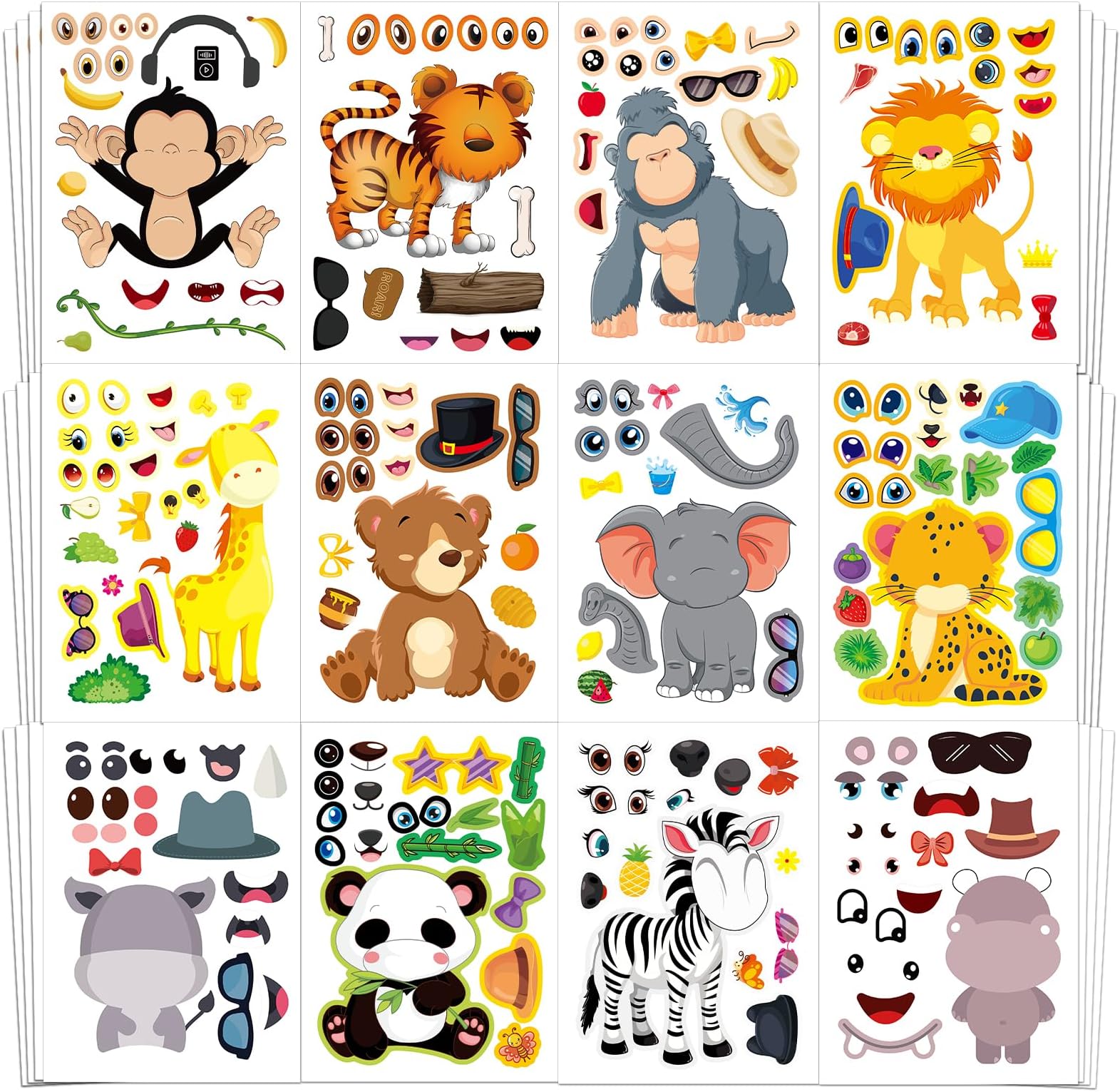 Aowplc 48 Make A Safari Animal Sticker Sheets - Jungle & Zoo Party Favors Supplies - Fun Craft Activities for Kids Ages 3+
