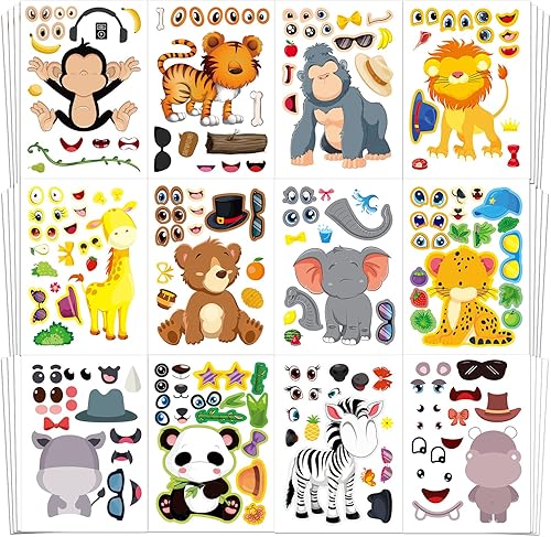 Aowplc 48 hojas de calcomanías Make A Safari Animal - Suministros de fiesta de safari y zoológico - Actividades divertidas de manualidades para