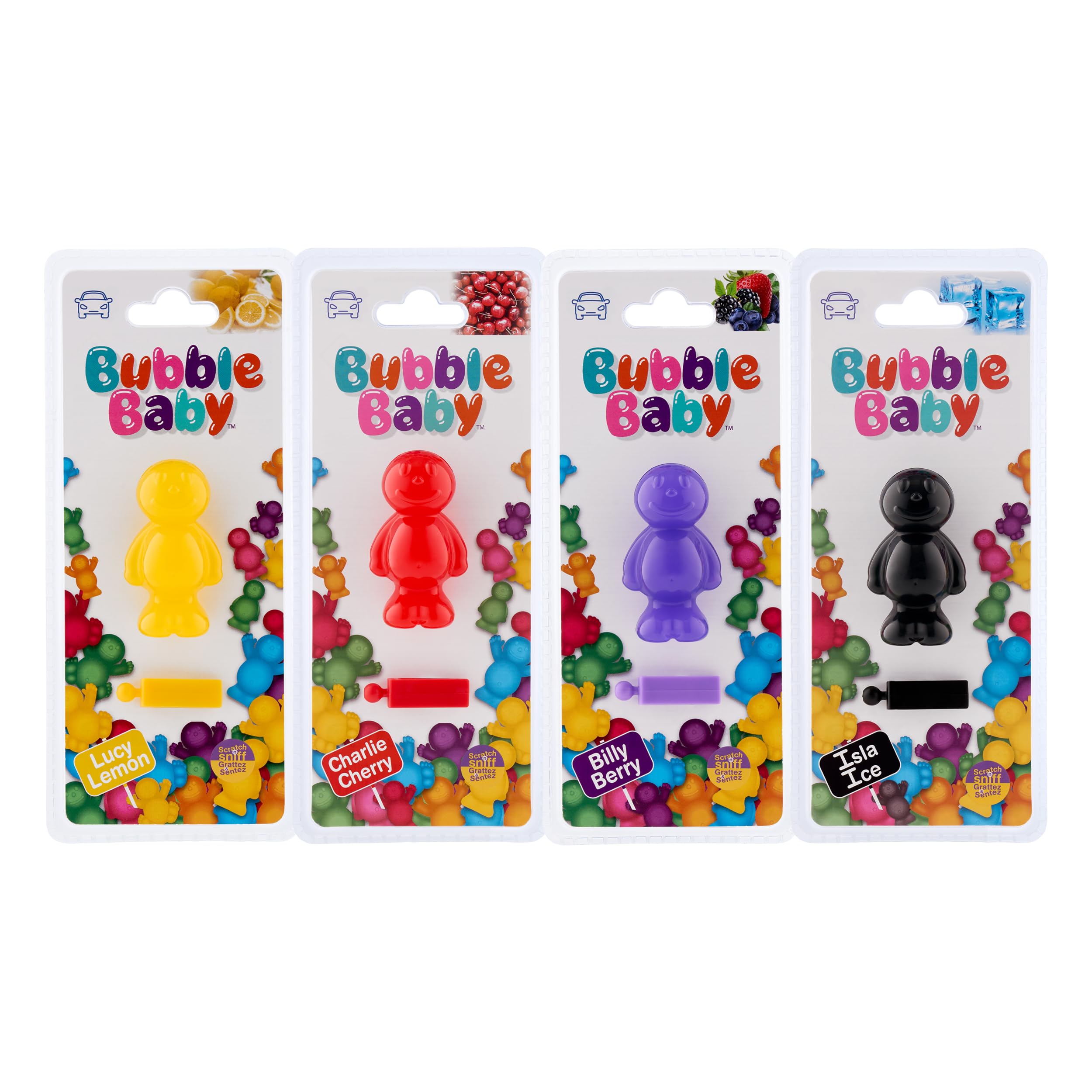 BubbleBaby 3D/Vent Clip Car Vent Air Freshener And Odour Eliminator Pack of 4 Unique Scents Charlie Cherry, Billy Berry, Lucy Lemon & Isla Ice - Car Scents Air Freshener