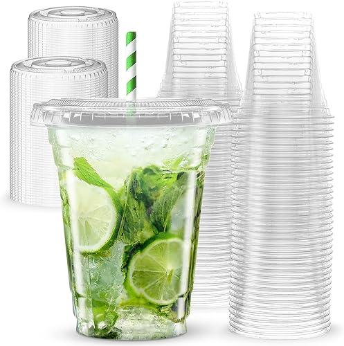 Vasos de plástico con tapas 12 onzas vasos de plástico transparente sin BPA tazas de café desechables con borde enrollado tazas transparentes para