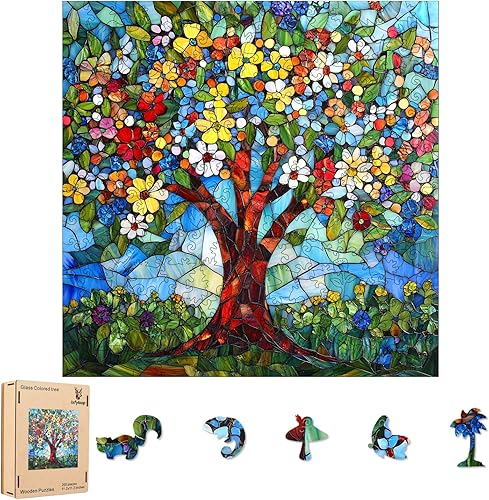 Miniatura 15 de Ixfyloop Rompecabezas de madera de vidrieras para adultos, rompecabezas de árbol de la vida colorido, rompecabezas de 200 piezas de paisaje para
