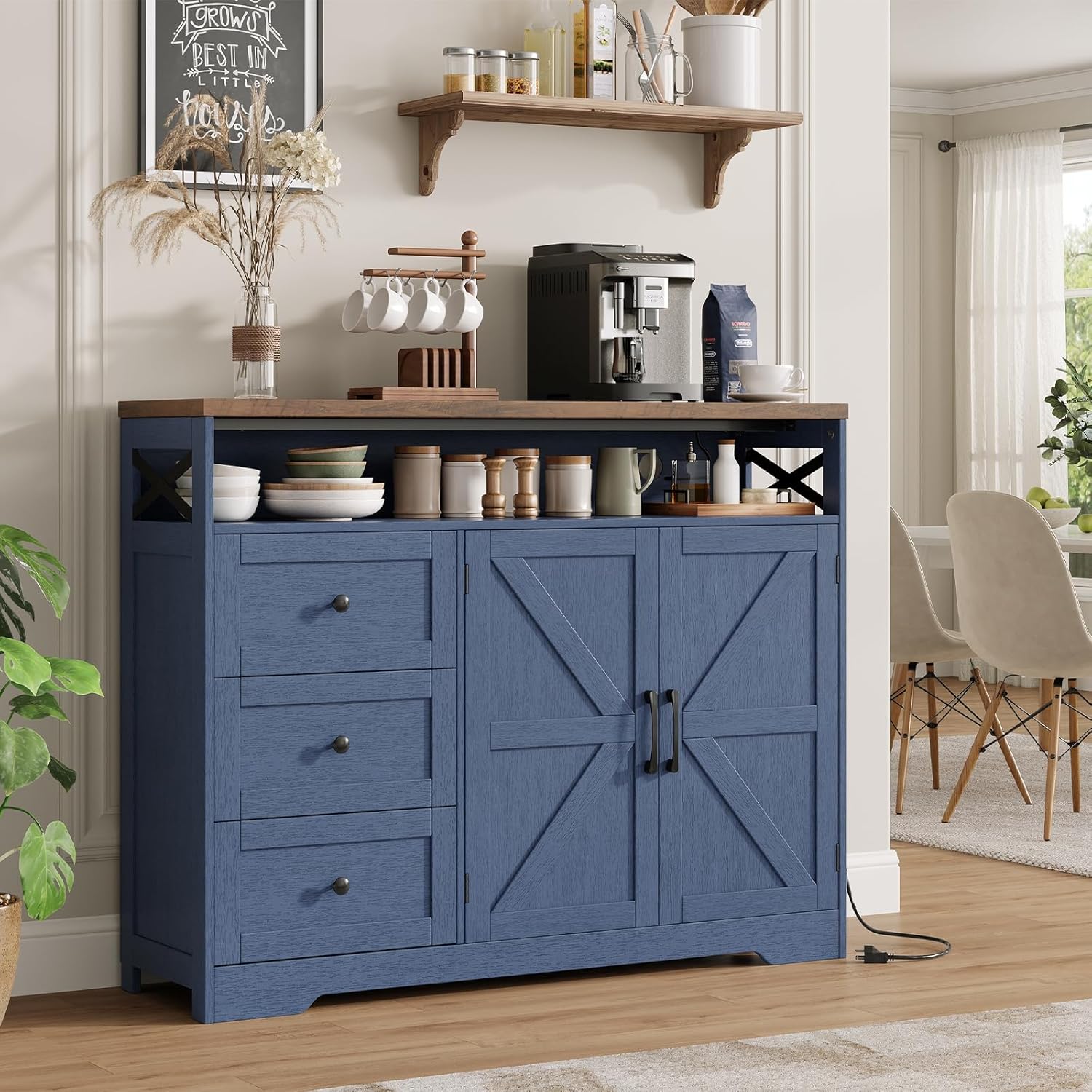 FiveWillowise 47" Blue Farmhouse Storage Cabinet with Barn Doors and Drawers, Sideboard Buffet Cabinet with Storage, Kitchen Pantry Hutch, Coffee Bar Station Table for Kitchen, Living, Dining Room