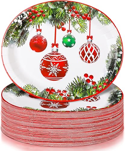 Lemosae 100 platos desechables de papel ovalados de Navidad a granel de 10 x 12.5 pulgadas, plato grande para cena, plato de papel de Navidad para