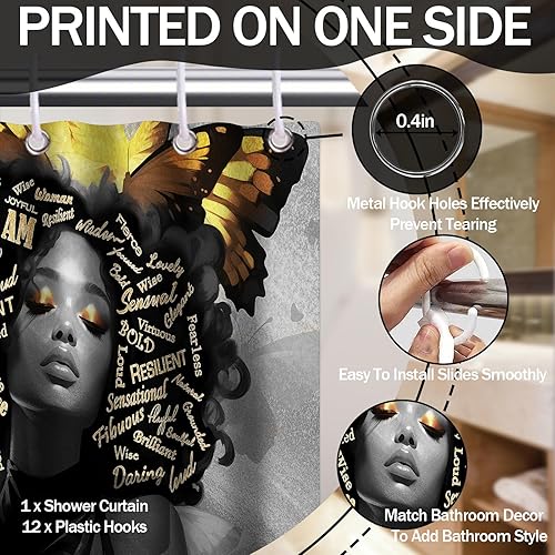 Miniatura 4 de Cortina de ducha afroamericana para baño, juego de cortina de ducha afroamericana con 12 ganchos, 72 x 72 pulgadas