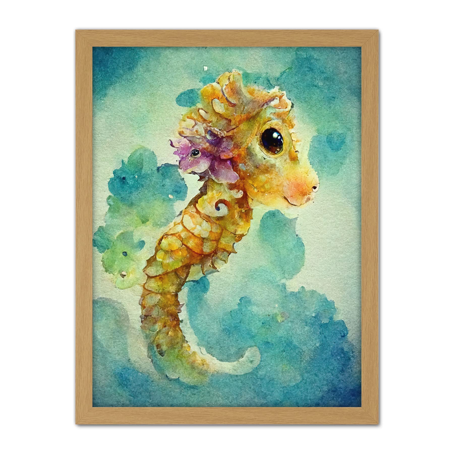 Doppelganger33 LTD Cute Baby Seahorse Kids Bedroom Watercolour Illustration Artwork Framed Wall Art Print 18X24 Inch