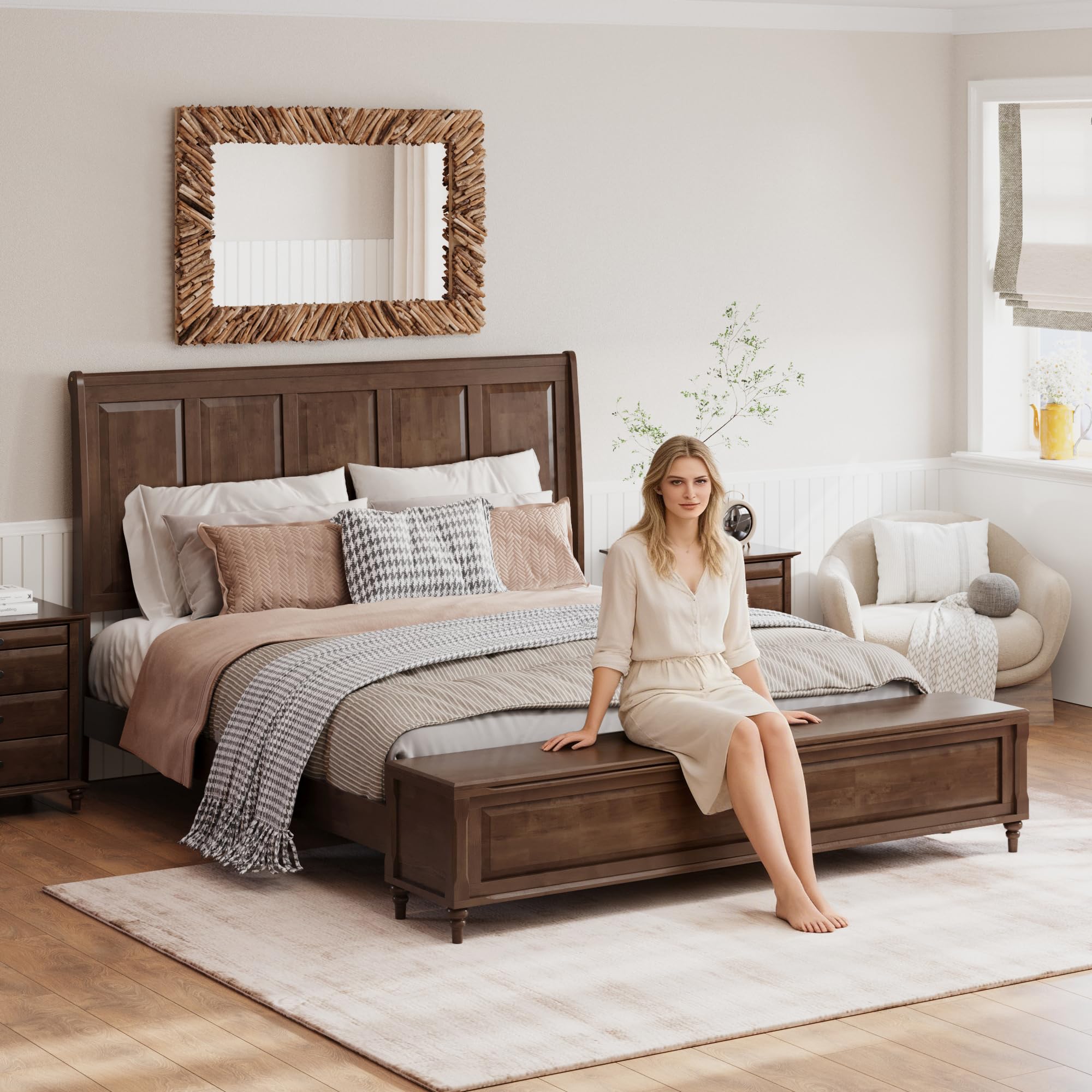 YJNKU Solid Wood Sleigh King Bed with Storage Chest