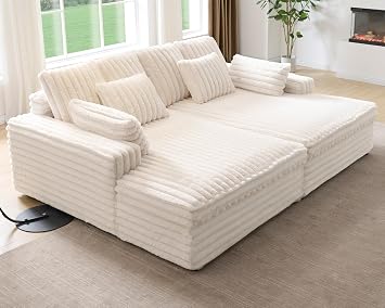 Jocisland 93 Inch Oversized Double Chaise Lounge Sofa, Deep Seat Cloud Couch with Faux Fur Upholstery, Supportive Cushions, Lumbar Pillows and Wide Armrests for Living Room, White