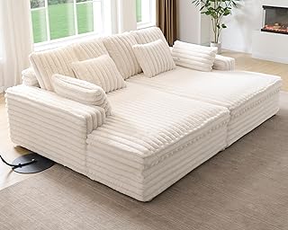Jocisland 93" Wide Double Chaise Lounge for Two– Deep Seat Cloud Couch with Lumbar Pillows and Wide Armrests for Living Room & Bedroom, Easy Assembly, White Faux Fur