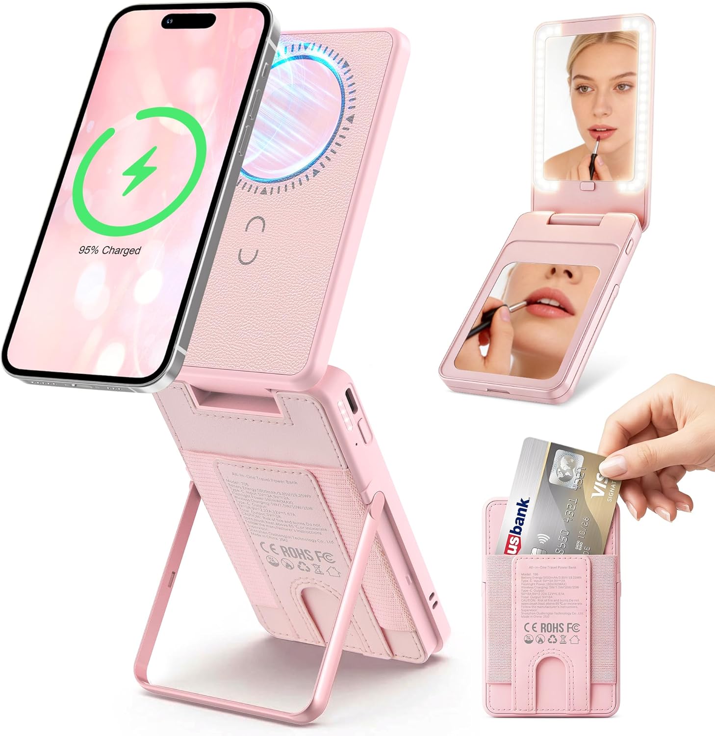 Portable Charger for Women, Power Bank Travel Essentials 5000mAh Battery Pack with Stand, LED Makeup Mirror, 20W USB-C, Fast Charging Powerbank Gift for Girls & Mom for iPhone, Samsung Android - Pink