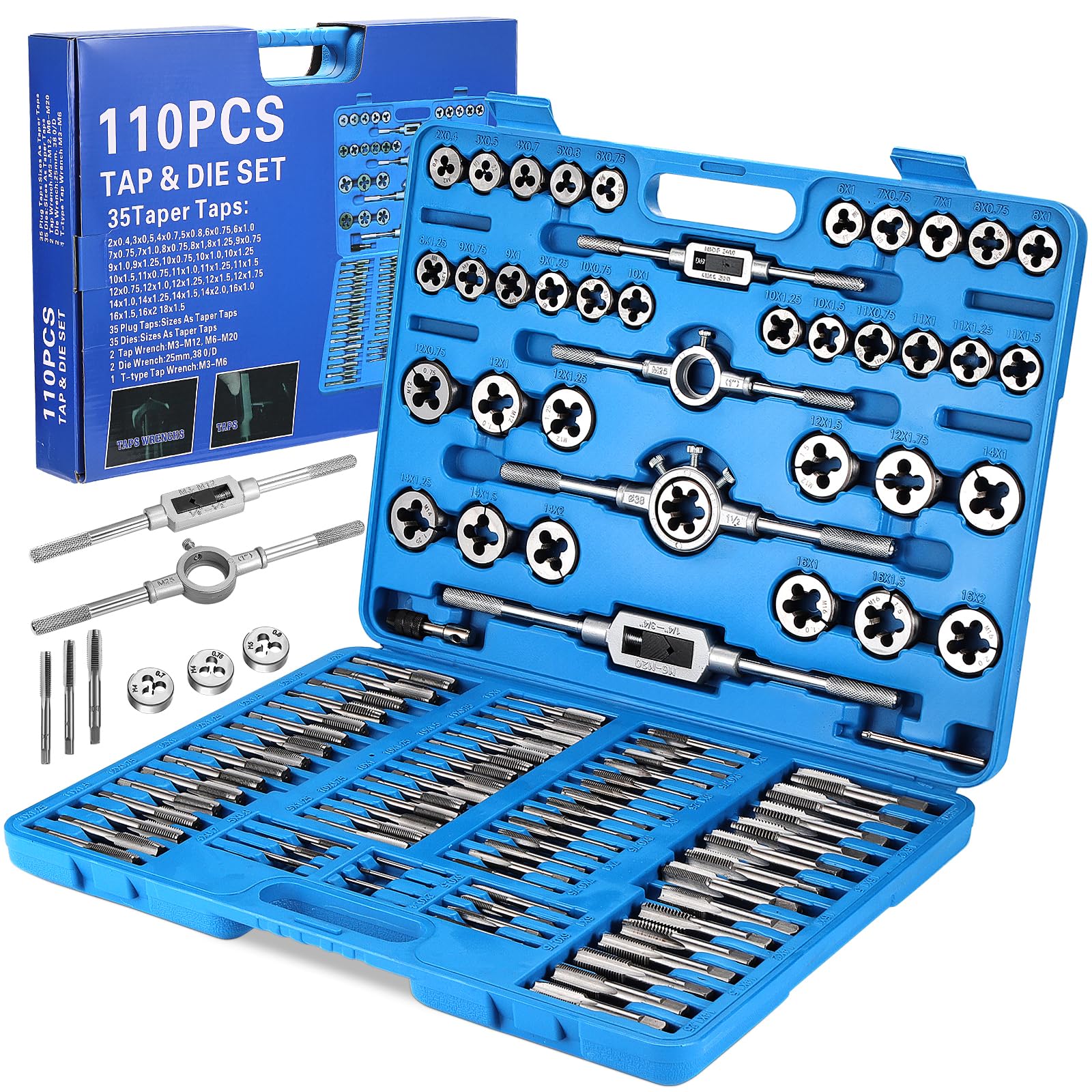 Juego de 110 grifos y el juego, acero al carbono resistente M2-M18 y el juego para hacer hilos de rosca para cortar hilos externos e internos con funda de almacenamiento