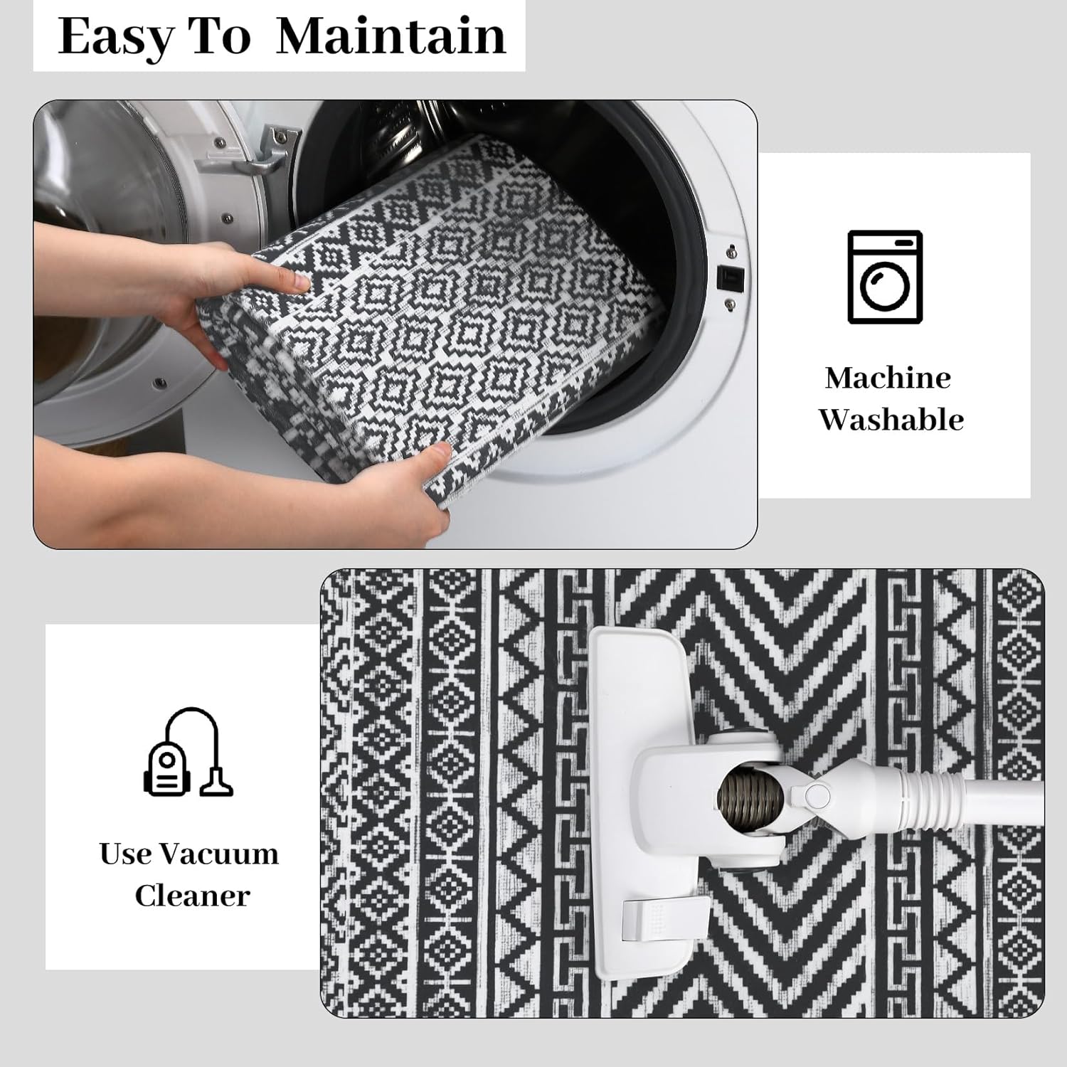 GarveeHome 8x10 Washable Area Rug - Large Living Room, Bedroom, Dining Room Accent Rug - Indoor Non-Slip, Stain Resistant Geometric Moroccan Throw Floor Carpet for Home Office, Black