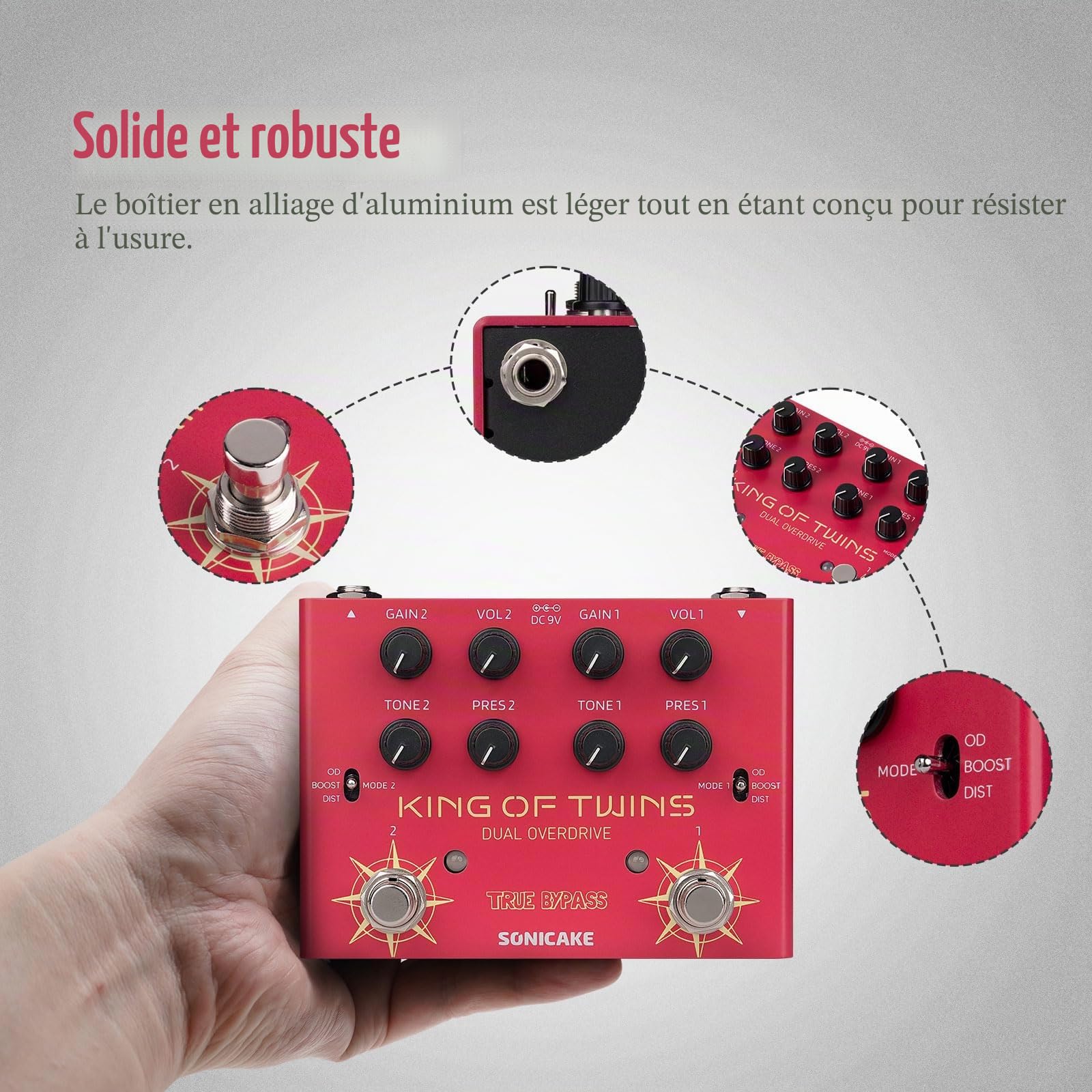 SONICAKE Pédale Overdrive Double Canal Overdrive/Boost/Distortion 3 Modes Circuit Pure Analogique True Bypass 4 Potards par Canal QDS-08