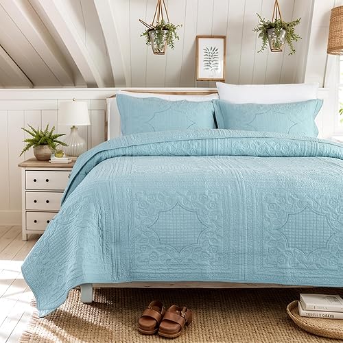 Miniatura 1 de Brandream Juego de ropa de cama de lujo de granja 100% algodón, tamaño Queen, King, vintage, elegante, juego de colcha acolchada azul aguamarina (98