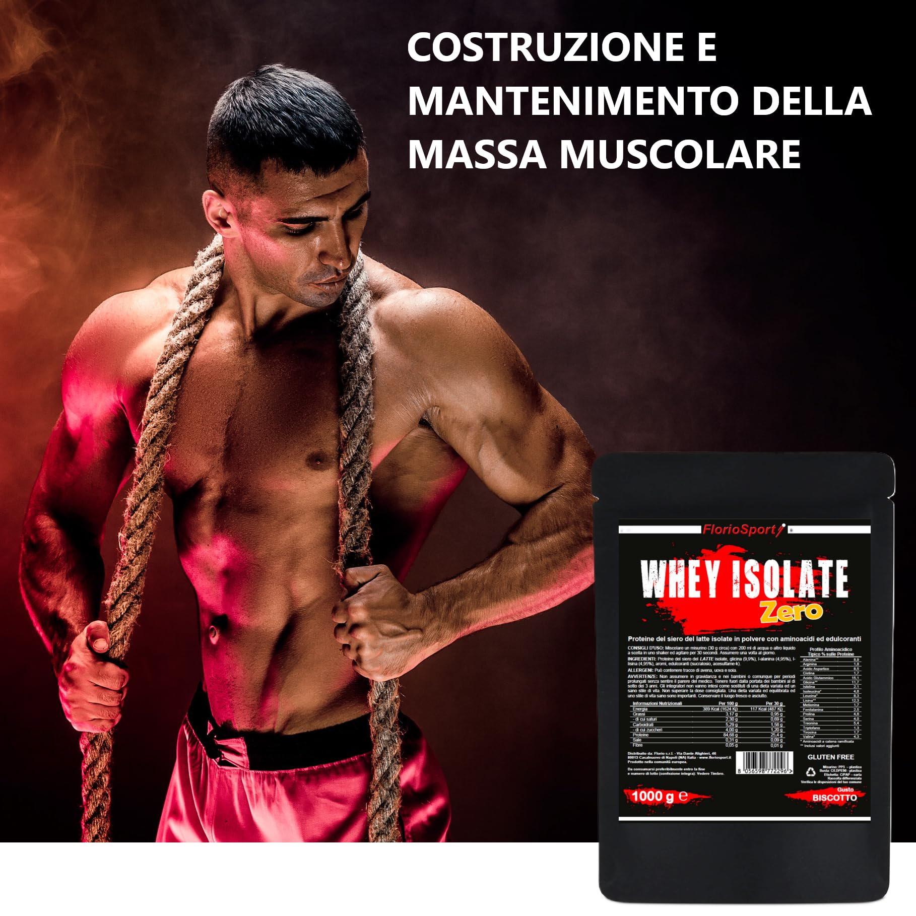 Whey Isolate Zero 1000g FlorioSport - Proteine in polvere del Siero Latte con Aminoacidi per la crescita ed il mantenimento della Massa Muscolare. (1000 g, Cioccolato)