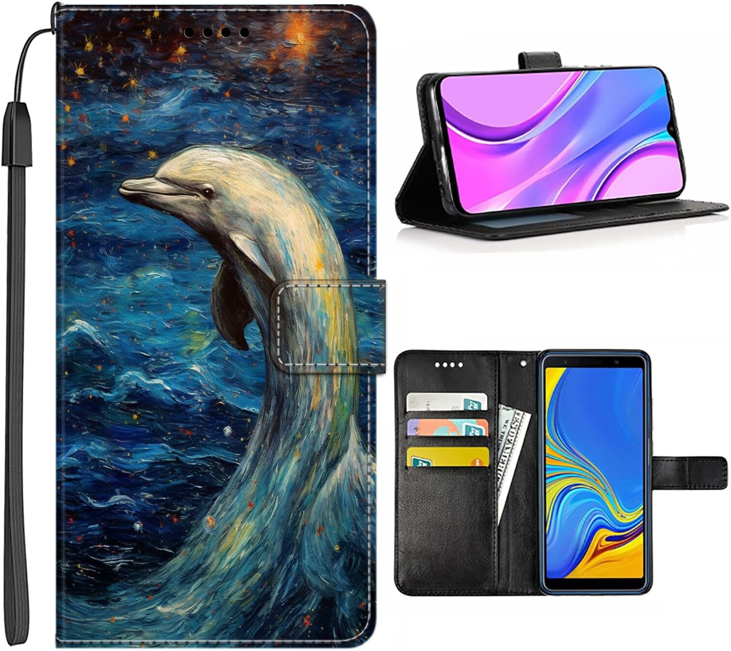 SHENCANG BLUE Wallet Case for Samsung Galaxy S10+ Case Dolphin-aa952 Flip Phone Case Folio Credit Cards Holder Wrist Strap PU Leather Kickstand Slots Flip Case with Magnetic Closure QBJ Case