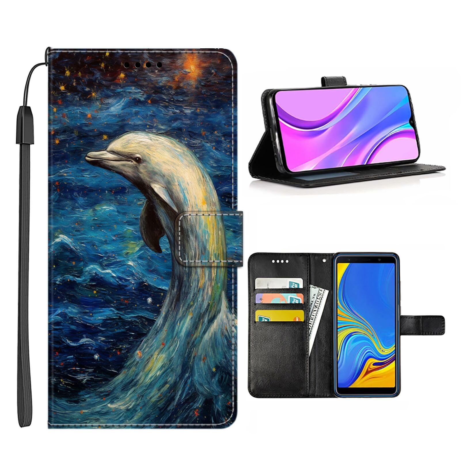 SHENCANG BLUE Wallet Case for Samsung Galaxy S10+ Case Dolphin-aa952 Flip Phone Case Folio Credit Cards Holder Wrist Strap PU Leather Kickstand Slots Flip Case with Magnetic Closure QBJ Case
