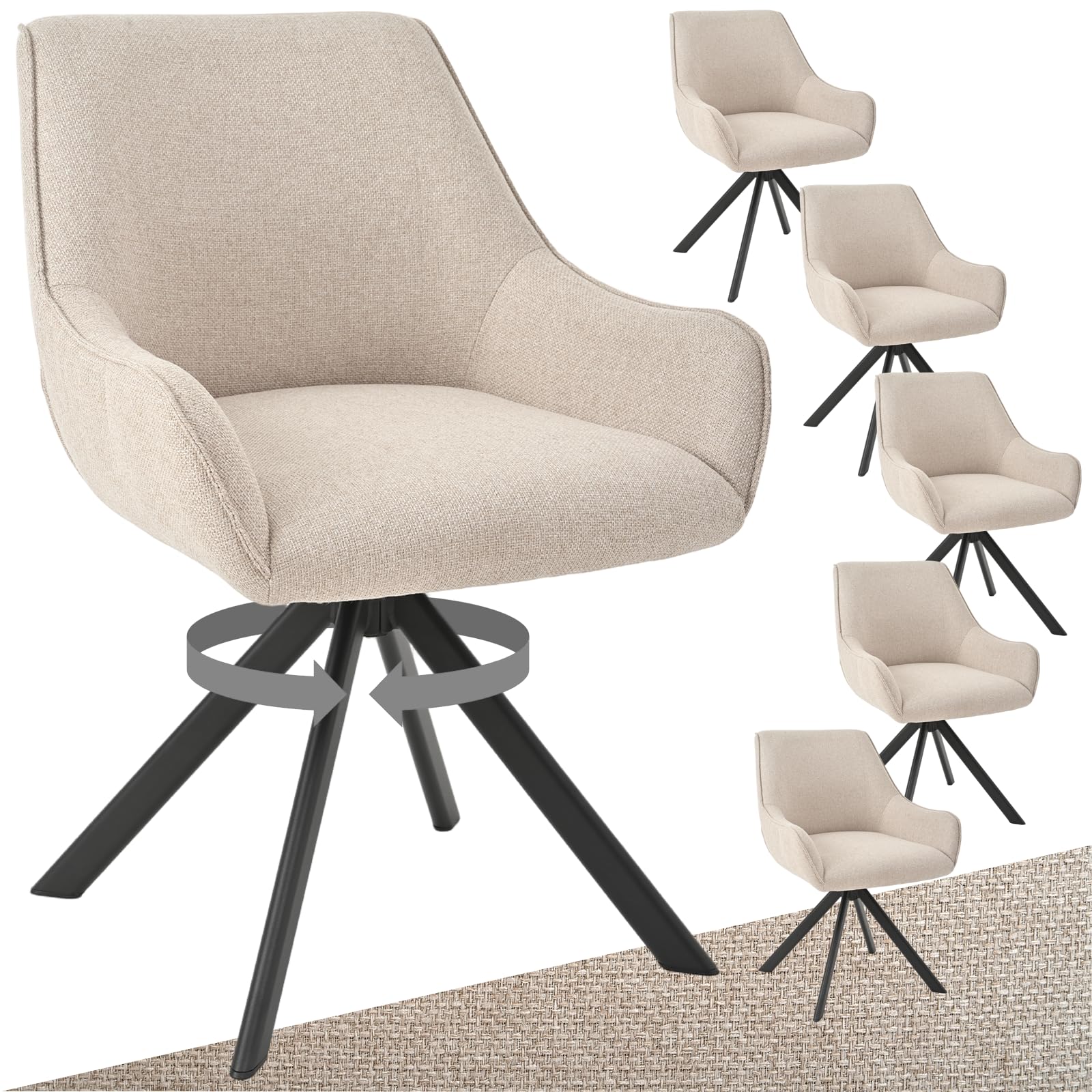 Esszimmerstühle Drehbar 6er Set mit Armlehne – 360°Drehbar Polsterstuhl Leinen Modern Drehstuhl Küchenstuhl mit Metallgestell und Rückenlehne für Esszimmer, Wohnzimmer, Büro, Beige