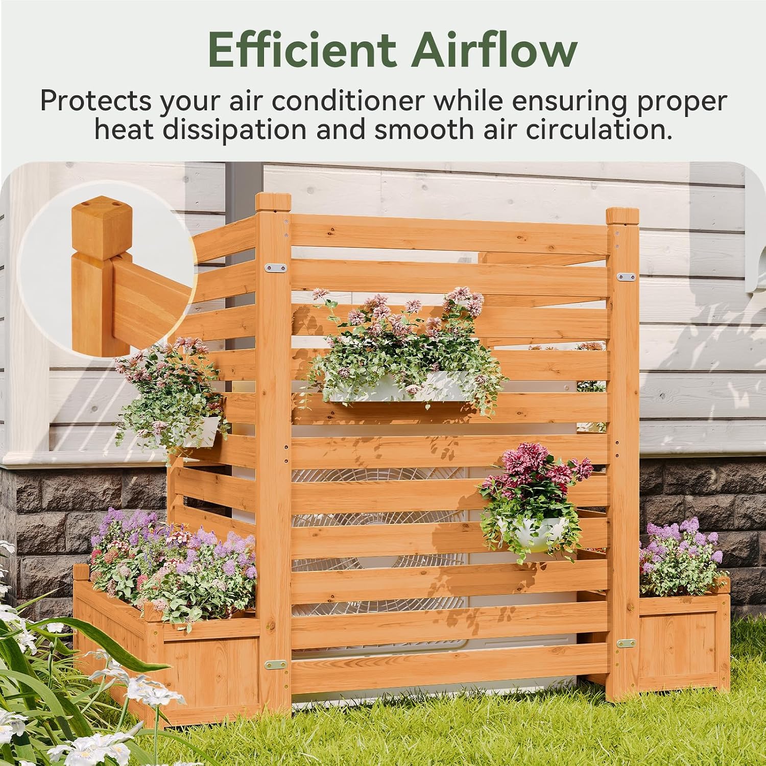 Aoxun Air Conditioner Fence, 3-Panel Outdoor Wood Privacy Screen with Planter Box, 34" W x 45" H Privacy Fence for Air Conditioner, Trash Can, Pool, Patio & Backyard Decor No-Dig Kit