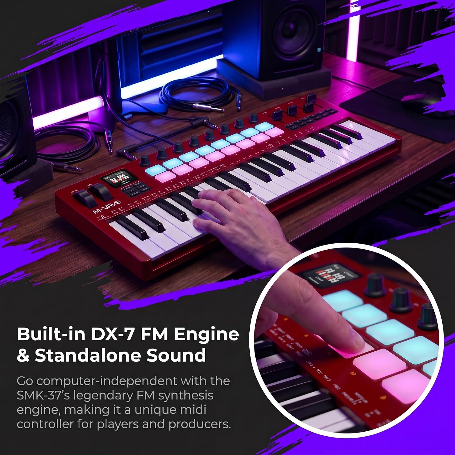 M-VAVE SMK-37 PRO Red MIDI Keyboard Controller, 37 Key Wireless MIDI Keyboard with Velocity Sensitive Keys, Backlit RGB Drum Pads, Pitch Bend, Modulation Wheel, Bluetooth MIDI