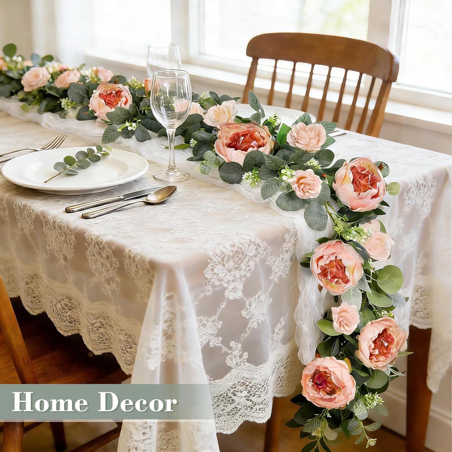 2 Pack 13Ft Artificial Eucalyptus Floral Garland with 16 Flowers Vintage Peony Rose, Pink Fake Flower Greenery Spring Garland Floral Vines for Mantle Wedding Arch Home Table Runner Backdrop Decor