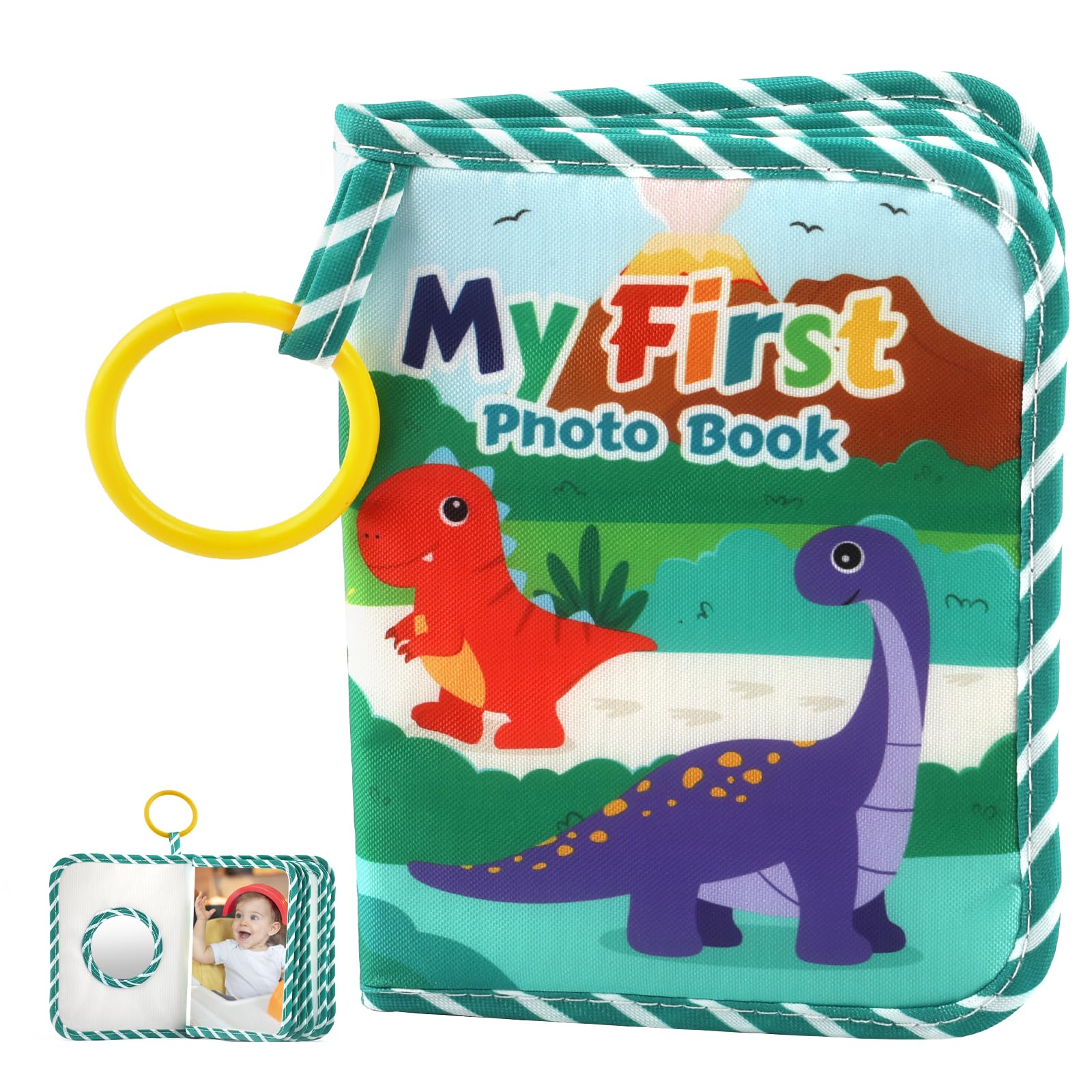 Baby Fotobuch Stoff, Weiches Erstes Fotobuch Baby, Baby Erinnerungsbuch mit Aufhängeöse und Sicherheitsspiegel, Fotoalbum für Kinder Kleinkinder Neugeborene, (Dinosaurier)