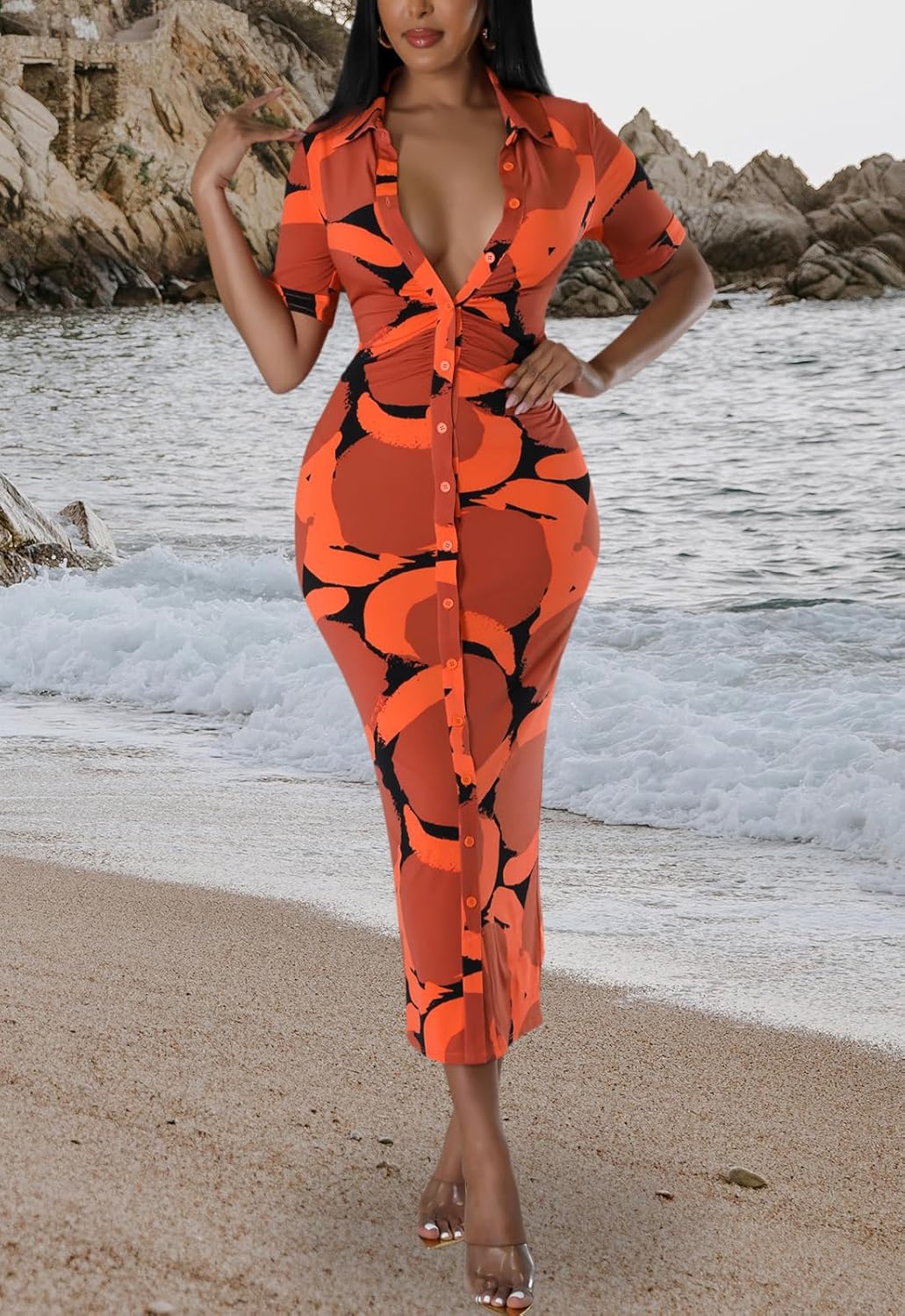 Women's Short Sleeve Button Down Shirt Dress Casual Print Collar V Neck Midi Dresses - Image 3