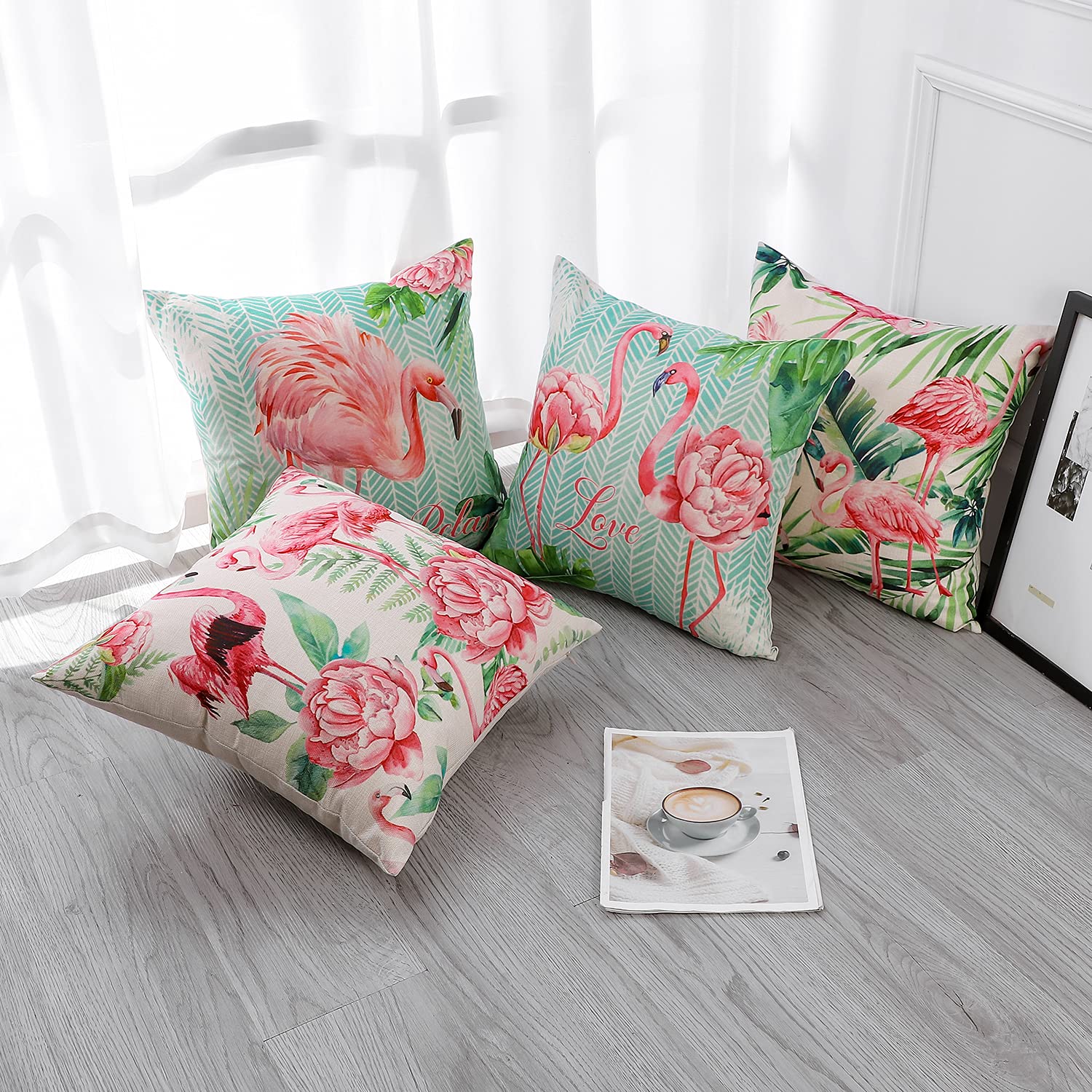 Artscope Imperméable Housse de Coussin, Lot de 4 Extérieur Flamant et Fleurs Roses Canapé Taie d'oreiller pour Patio Jardin Salon Chambre Décoration, 45x45cm