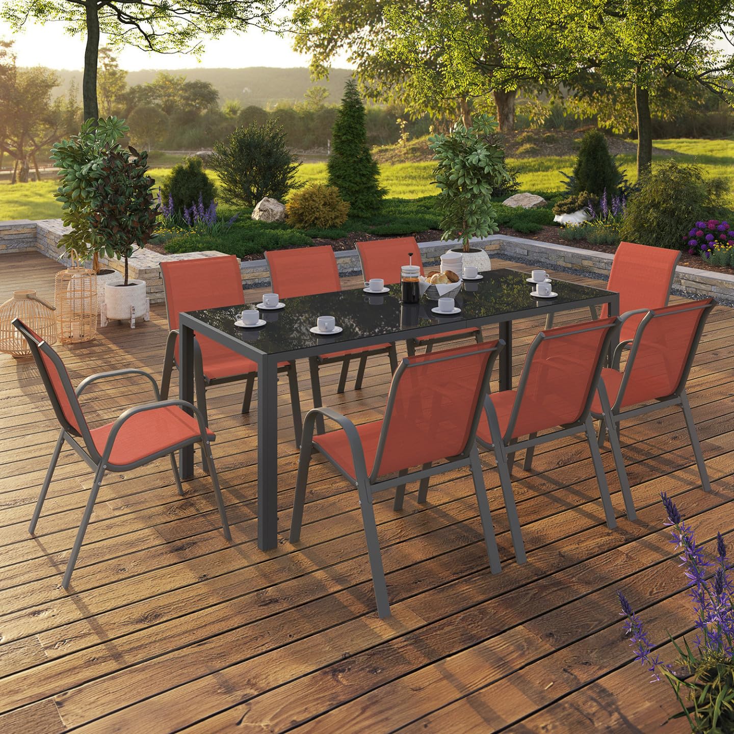 IDMarket - Salon de Jardin Madrid Table 190 CM et 8 chaises empilables Terracotta et Gris