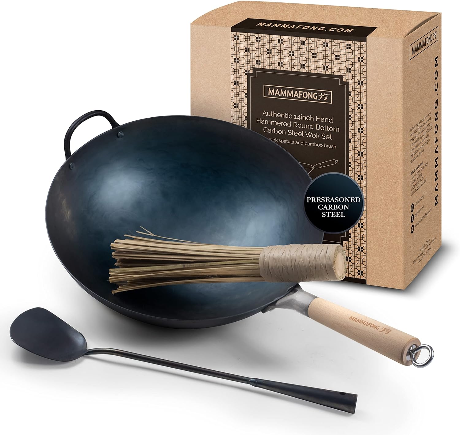 Mammafong Traditional Hand Hammered Round Bottom Carbon Steel Pow Wok Set with Wok Spatula and Bamboo Brush (14 inch wok set with wok accessories)… - Thumbnail 2