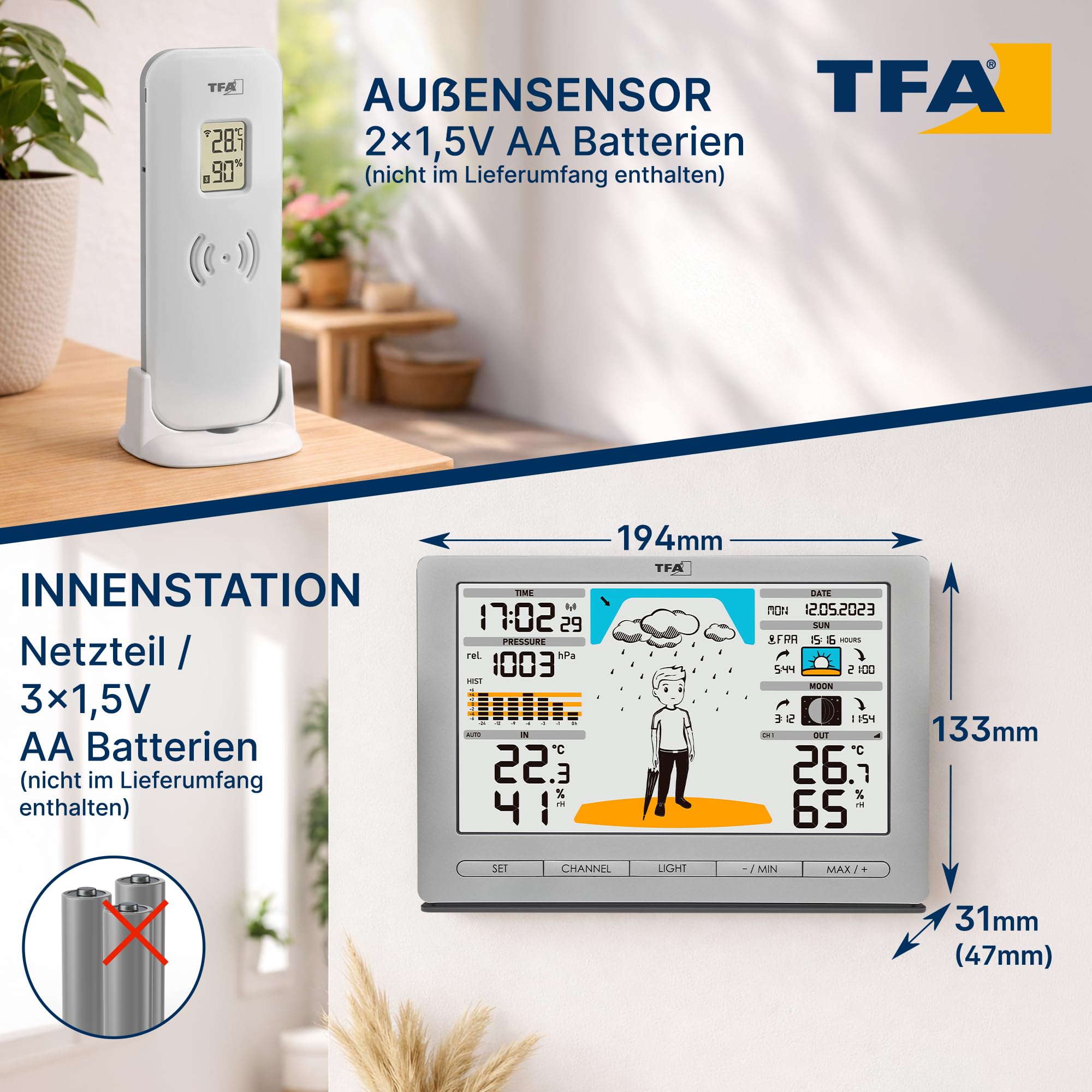 TFA Dostmann Funk Wetterstation METEO JACK, 35.1097.54, inkl Außensender, mit Wettervorhersage, Luftdruck, Mondphase, Sonnenaufgang- & -untergang, Funkuhr, silber