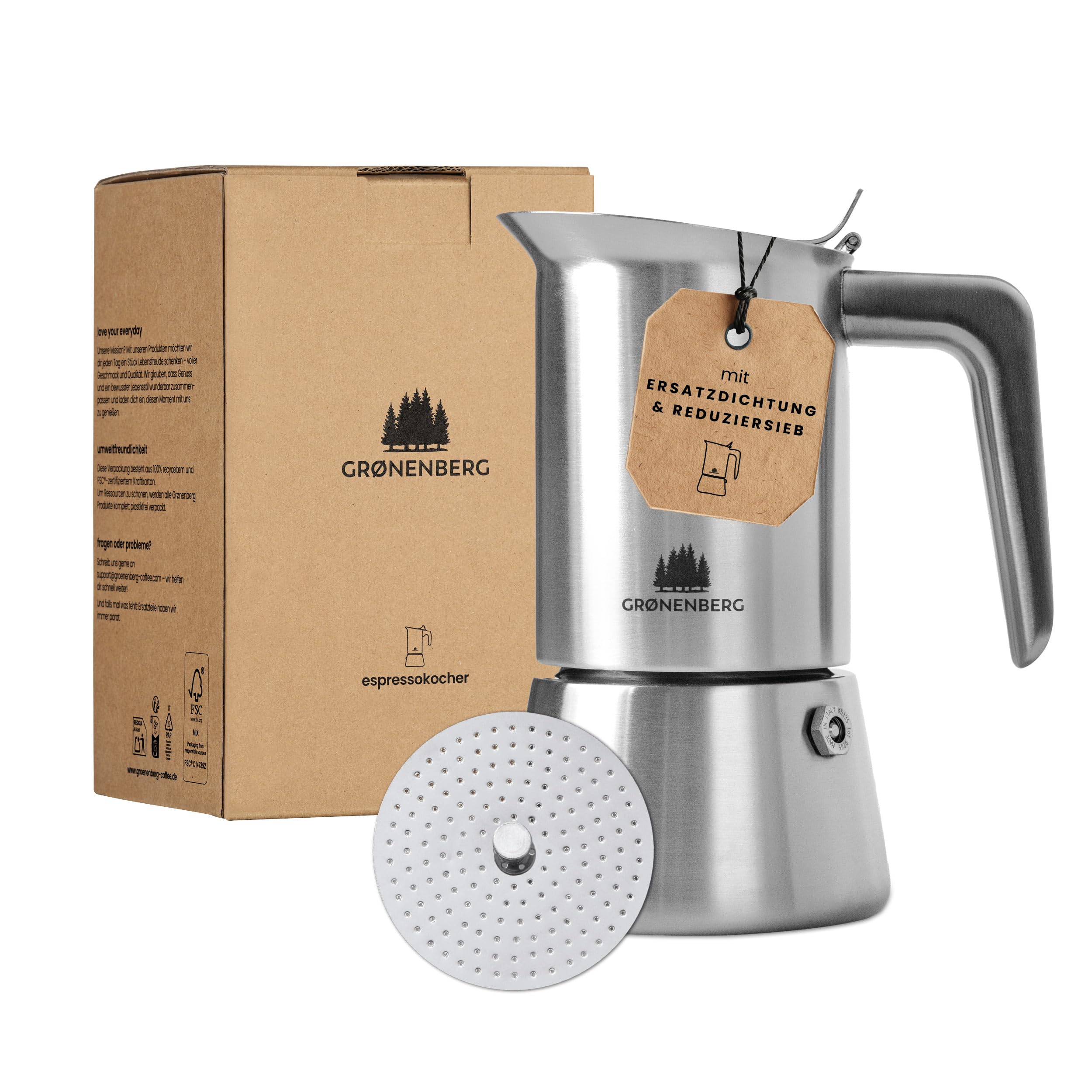 Groenenberg Spar Set 5 | Espressokocher Edelstahl 4 Tassen + Espressotassen | Induktion Espressokanne (200ml)