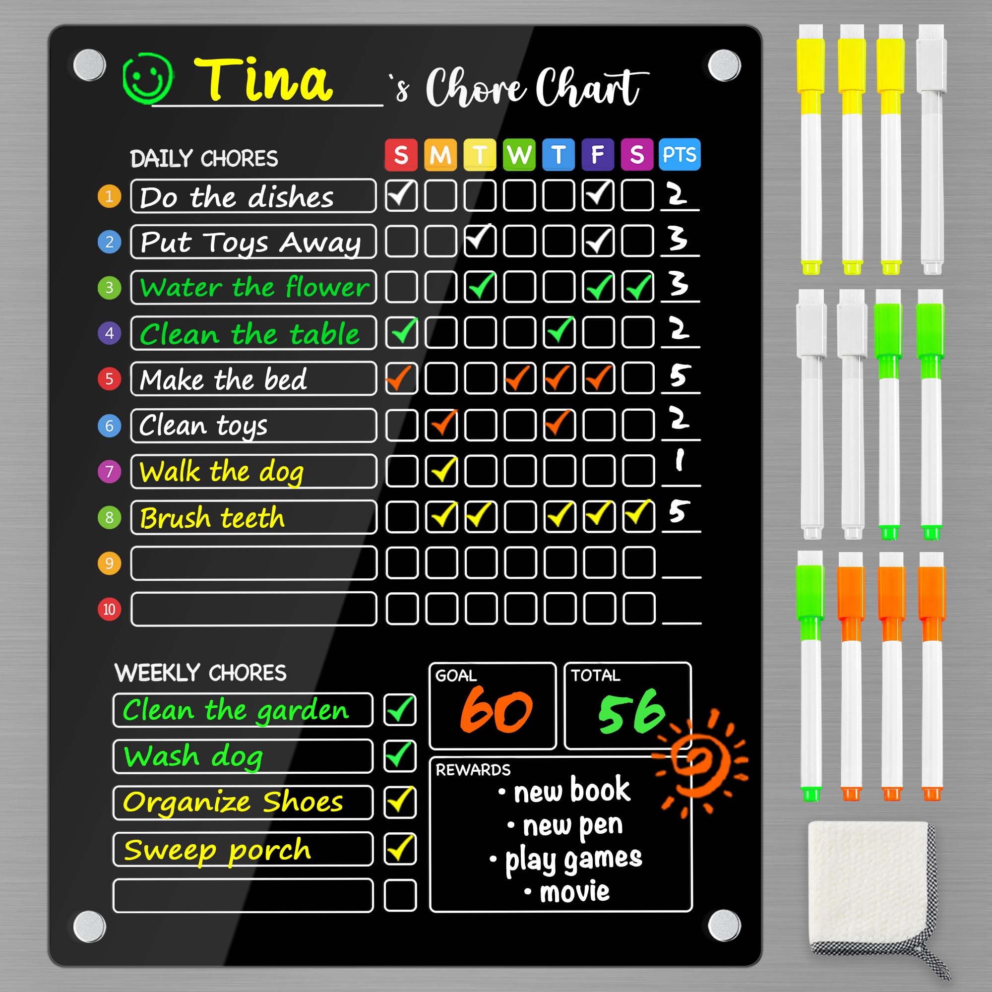 PigPotParty Black Acrylic Magnetic Chore Chart for Kids, 12"x16" Reward Responsibility Chart, 1 Pcs Daily Weekly Dry Erase Fridge Chore Board