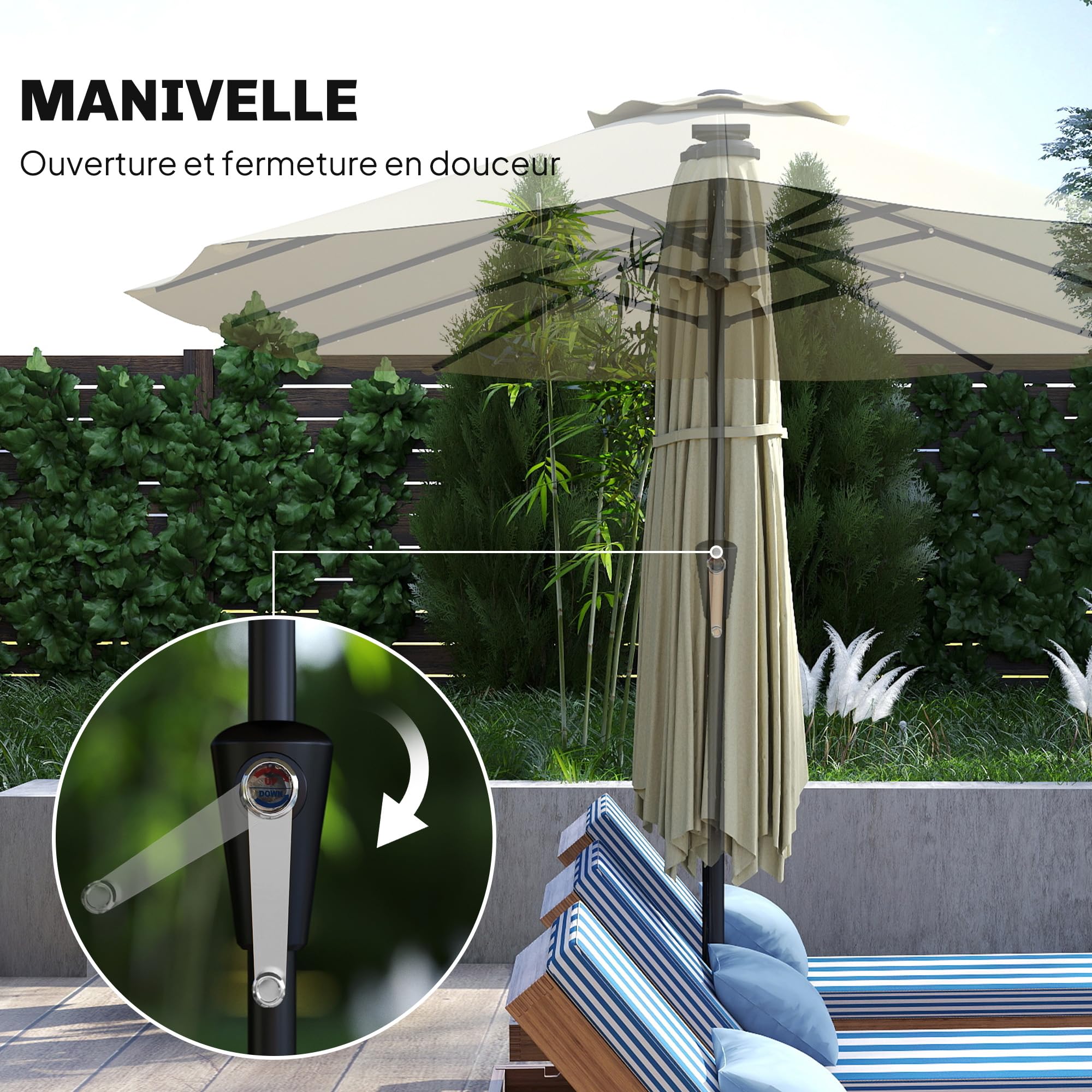 Outsunny Ombrellone da giardino doppio con 36 LED solari – grande ombrellone XXL rettangolare 395 x 215 cm UPF 50+ – Struttura a 12 balene con manovella per terrazza, balcone e campeggio, beige