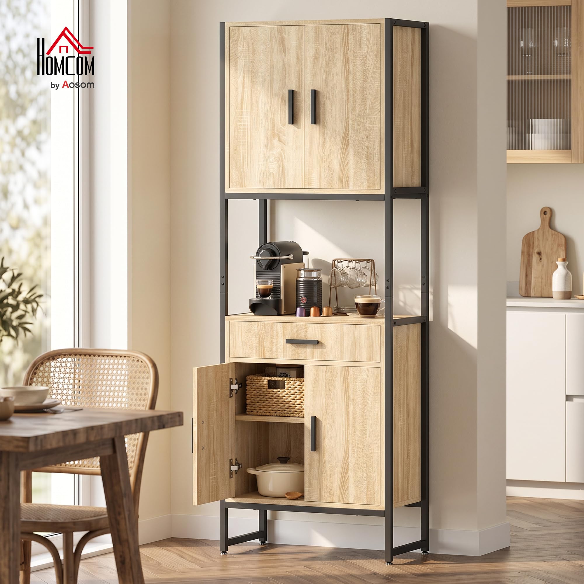 HOMCOM Buffet Haut Cuisine 4 Portes Tiroir et Plan de Travail Bois Naturel