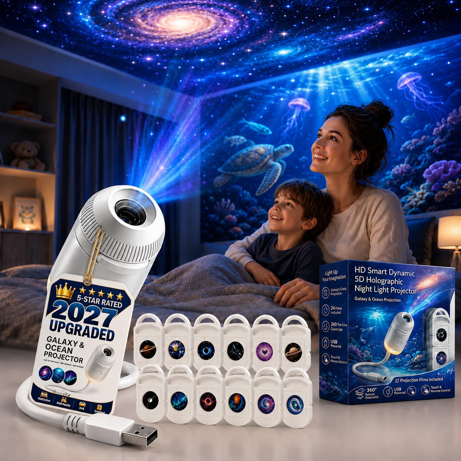 2027 New Hd Smart Dynamic 5d Holographic Night Light Projector, 2-in-1 Galaxy Star and Ocean Projector with 24 Films, 360° Rotating USB Powered Ceiling Light for Bedroom(Starry Sky with 24 Films)